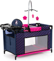 LETTO PER BAMBOLE CON SCOMPARTO, SEGGIOLONE INTEGRATO, GIOSTRINA, BLU E FUCSIA