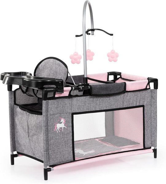 LETTO PER BAMBOLE CON SCOMPARTO, SEGGIOLONE INTEGRATO, GIOSTRINA, JEANS,GRIGIO,ROSA