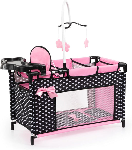 LETTO PER BAMBOLE CON SCOMPARTO, SEGGIOLONE INTEGRATO, GIOSTRINA, NERO E ROSA